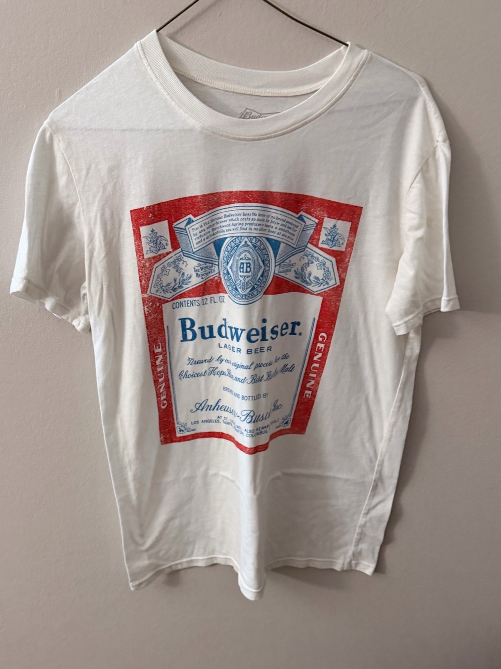 Budweiser White Tee with Red and Blue Label Graphic
